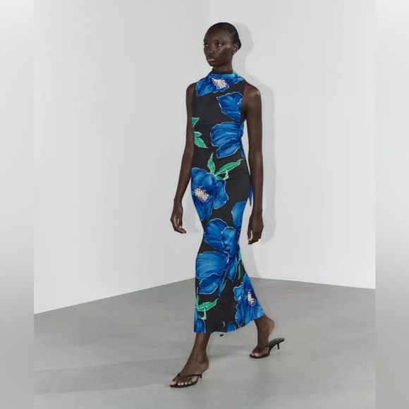 Zara Dresses & Skirts - Zara BLUE FLORAL FLOWY PRINT HALTER NECK DRESS  - NWT!